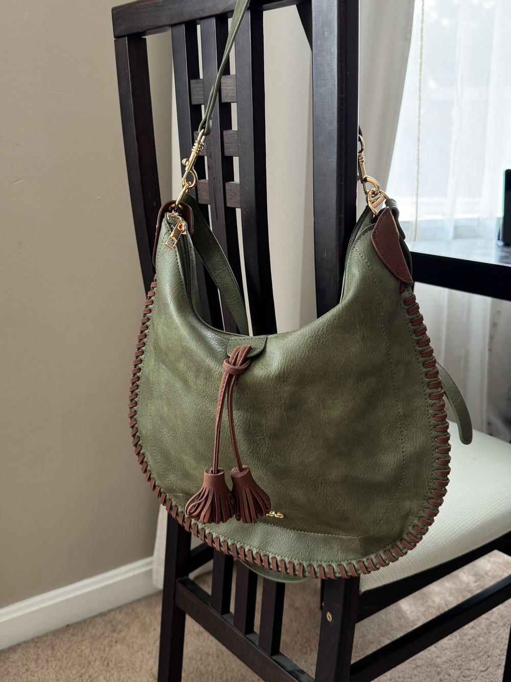 Olive Green Hobo Bag with Brown Trim and Tassels